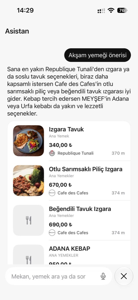 Gastronoph asistanı akşam yemeği için yakındaki ürünleri öneriyor