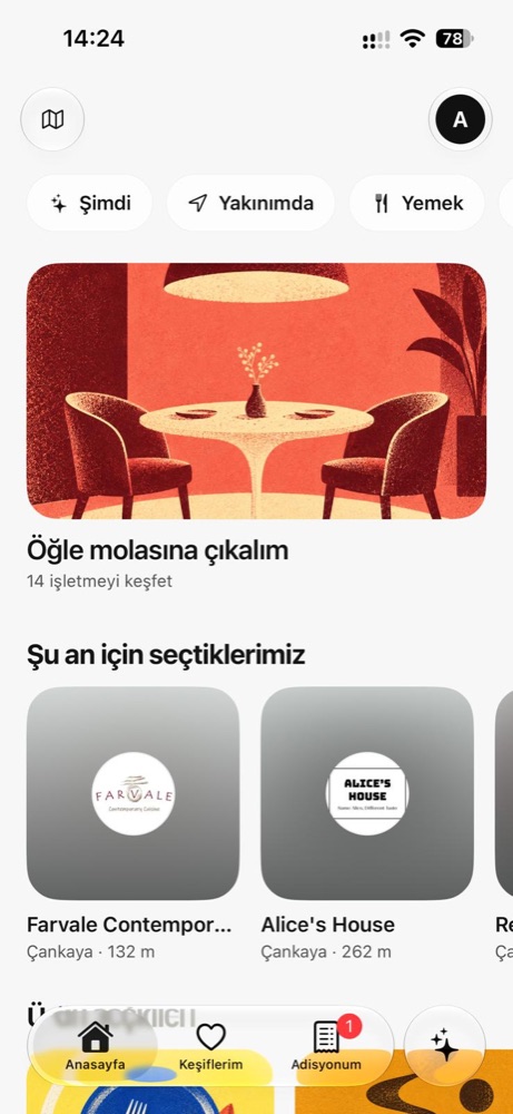 Gastronoph keşif ekranı: öğle molası önerileri ve yakındaki işletmeler