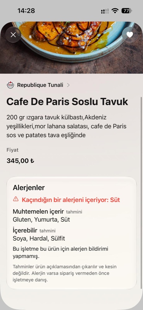 Ürün sayfası: açıklama, fiyat ve alerjen bilgisi